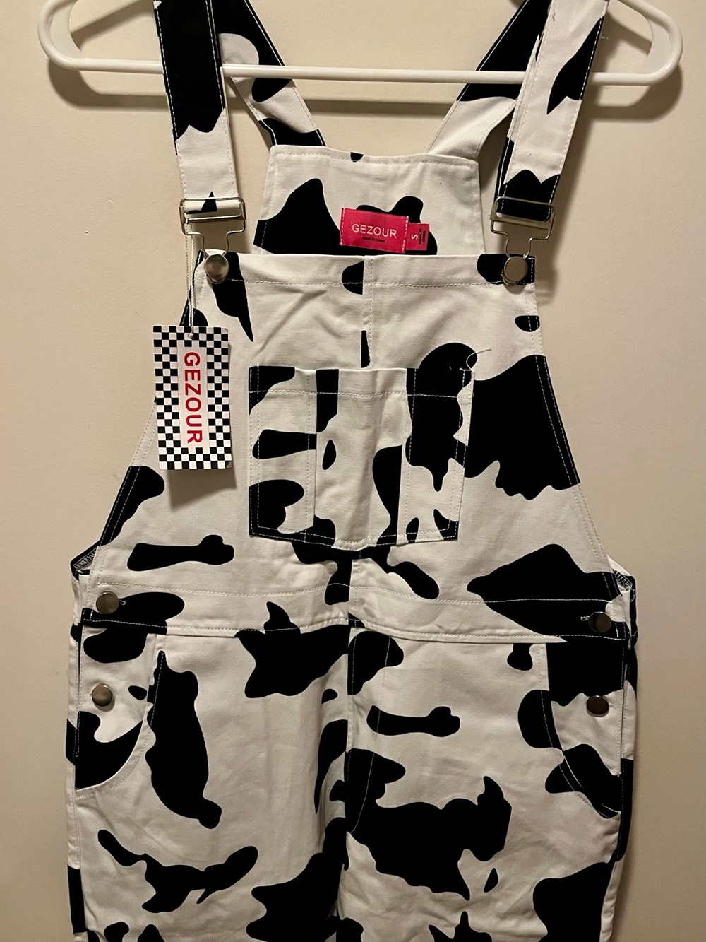 Overalls Black  & White Cow Print Women's Overalls - Picture 4 of 6